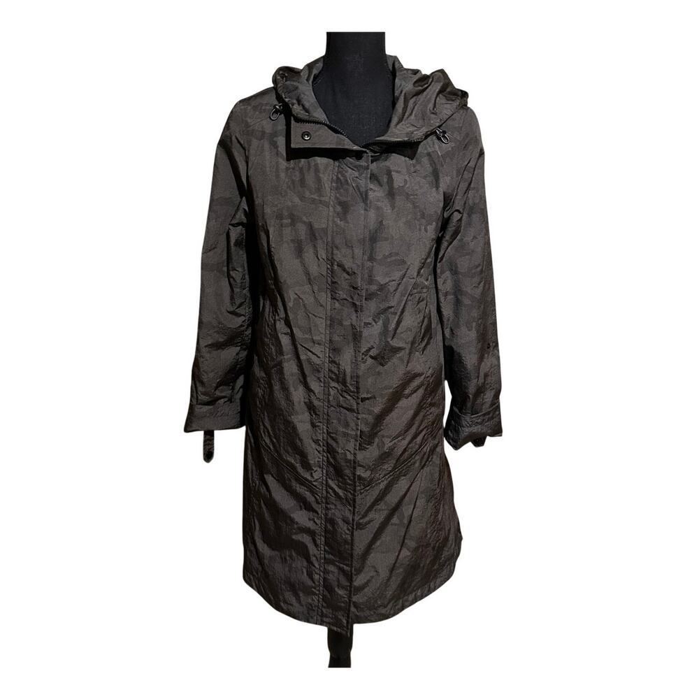 Ellen Tracy Women's Hooded Long Utility Rain Jacket Coat Gray Camo Size Medium